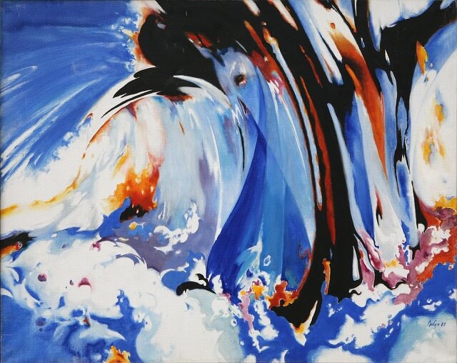 Vivid abstract painting with swirling blue, white, and orange shapes and bold black accents, resembling a dynamic wave or explosion of color.