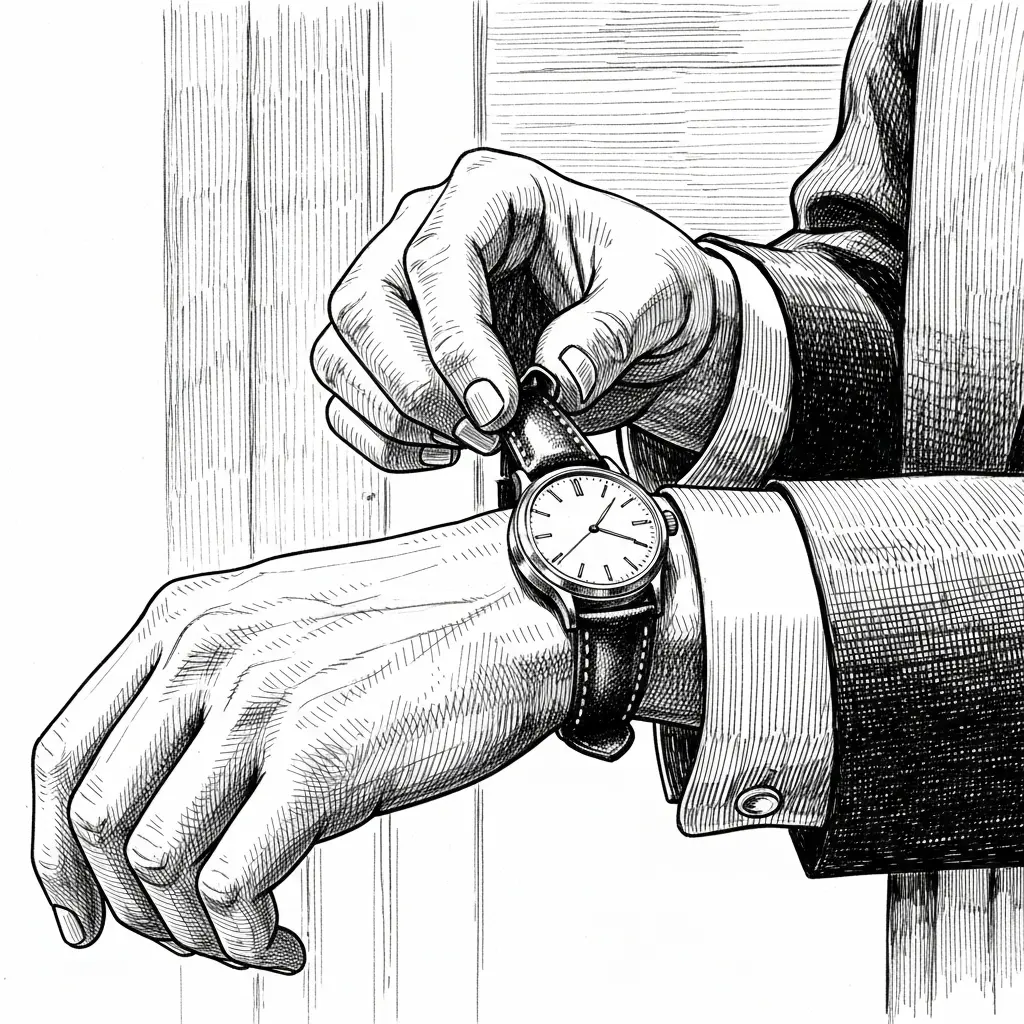 Person removing a wristwatch from their left wrist, holding the strap with one hand and stabilizing the watch with the other to avoid pressure on the crown stem.