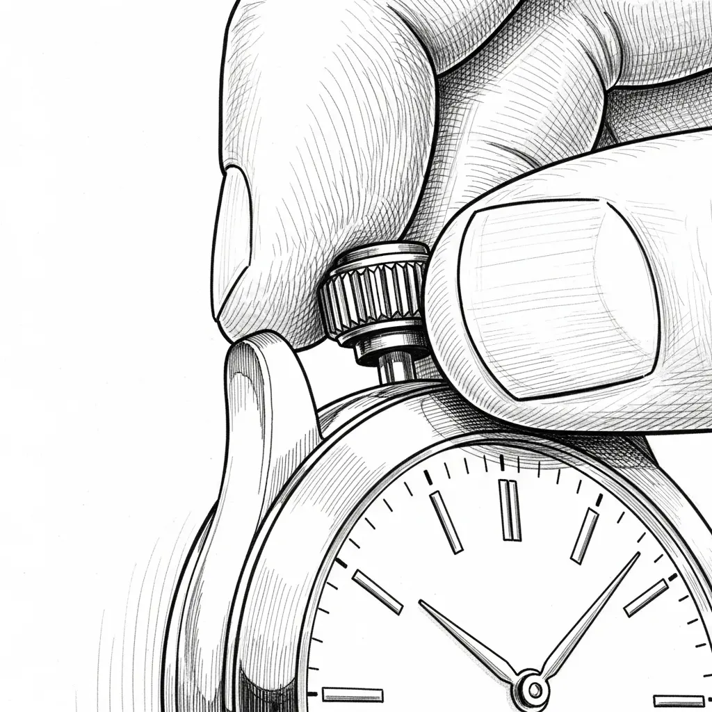 Close-up illustration of a hand winding a wristwatch crown clockwise with a smooth, steady motion, showing fingers turning the crown and the watch face in view.