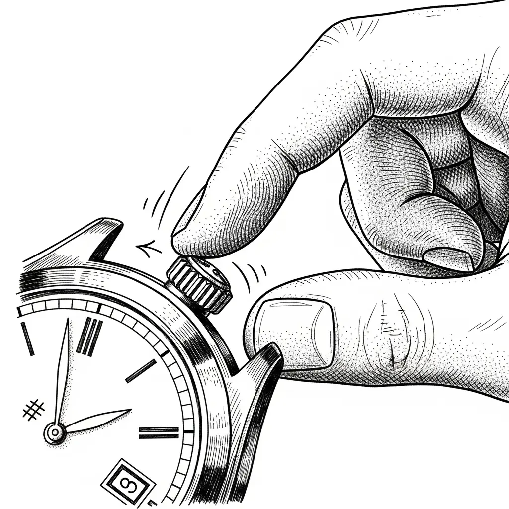 A hand adjusts the crown of a wristwatch, turning it to change the time. The watch face shows Roman numerals and a date window.