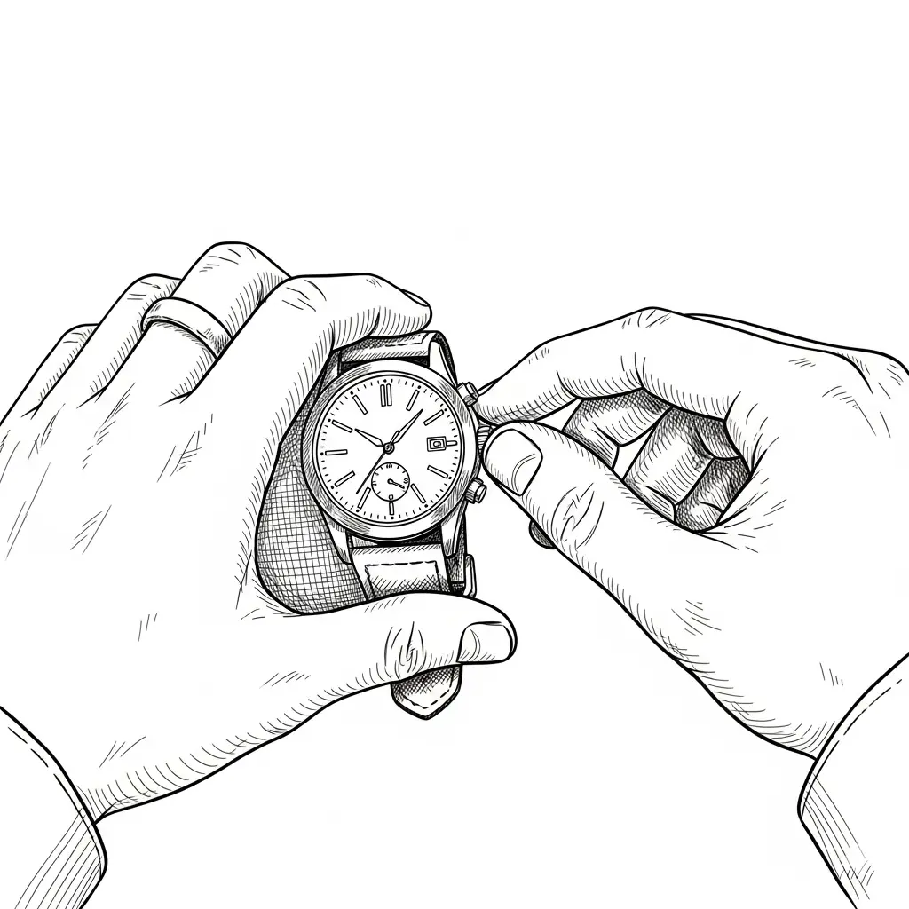 Close-up illustration of hands changing a wristwatch, showing the crown on the side being unscrewed by turning counterclockwise.