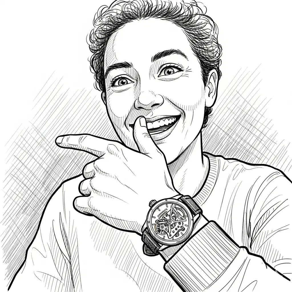 A person with short curly hair smiles and points to their large wristwatch, wearing a long-sleeve shirt.