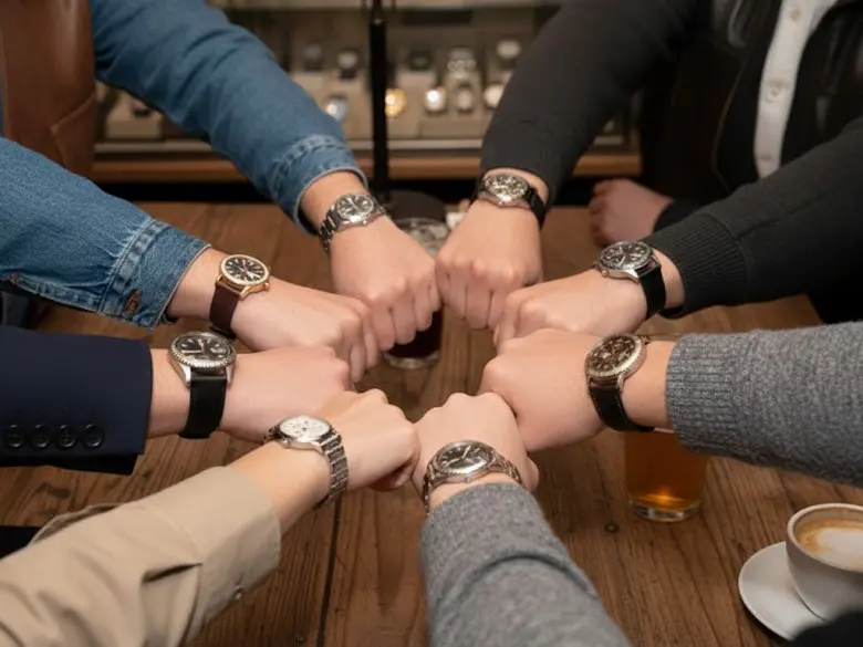 Automatic watches on wrists of people at a mechanical watch meet-up