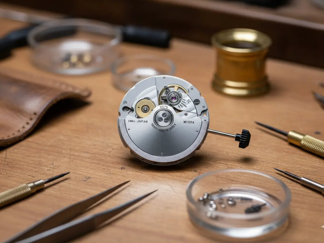 High-resolution photo of a partially disassembled mechanical watch movement, surrounded by specialized watchmaker tools like tweezers and screwdrivers, illustrating the commitment to repairability and long-term serviceability.