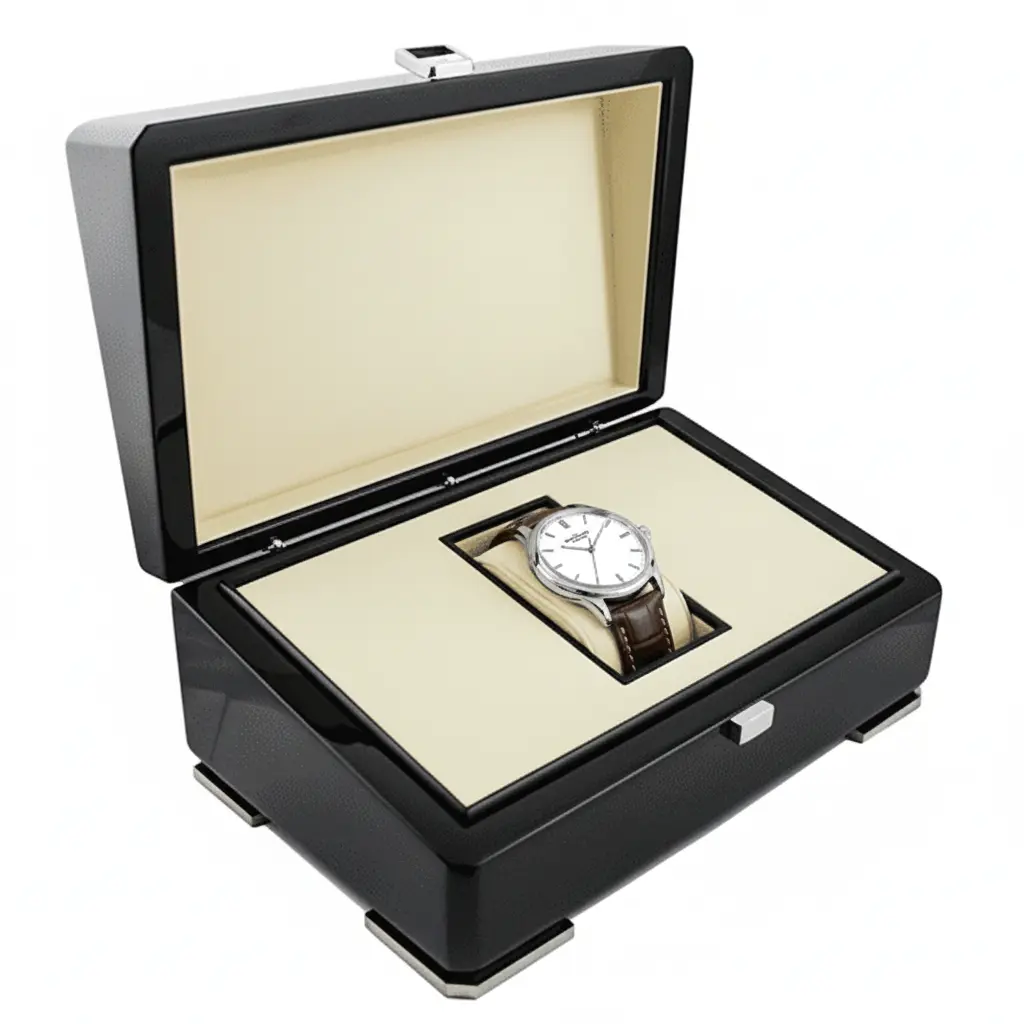 Time-only watch case with a single watch displayed inside a padded compartmen
