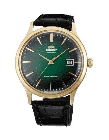 Orient Budget Automatic Watch Classic budget automatic watch with a gold-tone case, dark green dial, black leather strap, and date window.