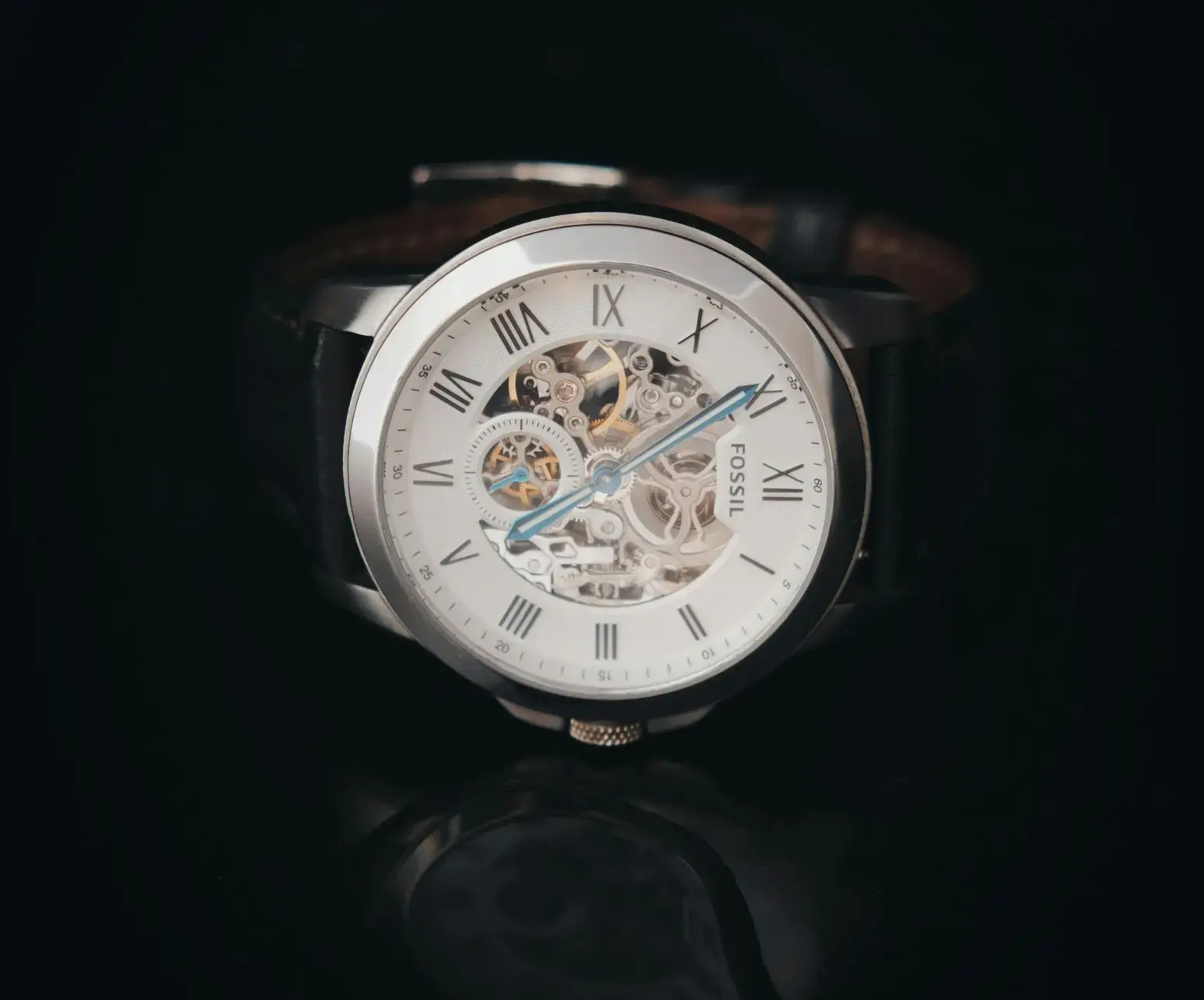 Skeleton Automatic Watch Featuring Heat Bluing Watch Hands Skeleton automatic watch with heat bluing watch hands and exposed mechanical movement
