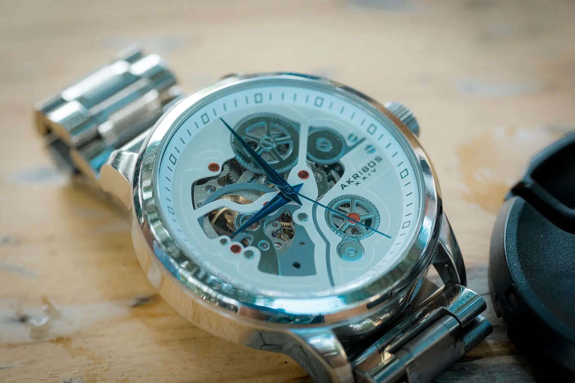 Skeleton Automatic Watch with Heat Bluing Watch Hands Skeleton automatic watch featuring heat bluing watch hands and exposed mechanical movement