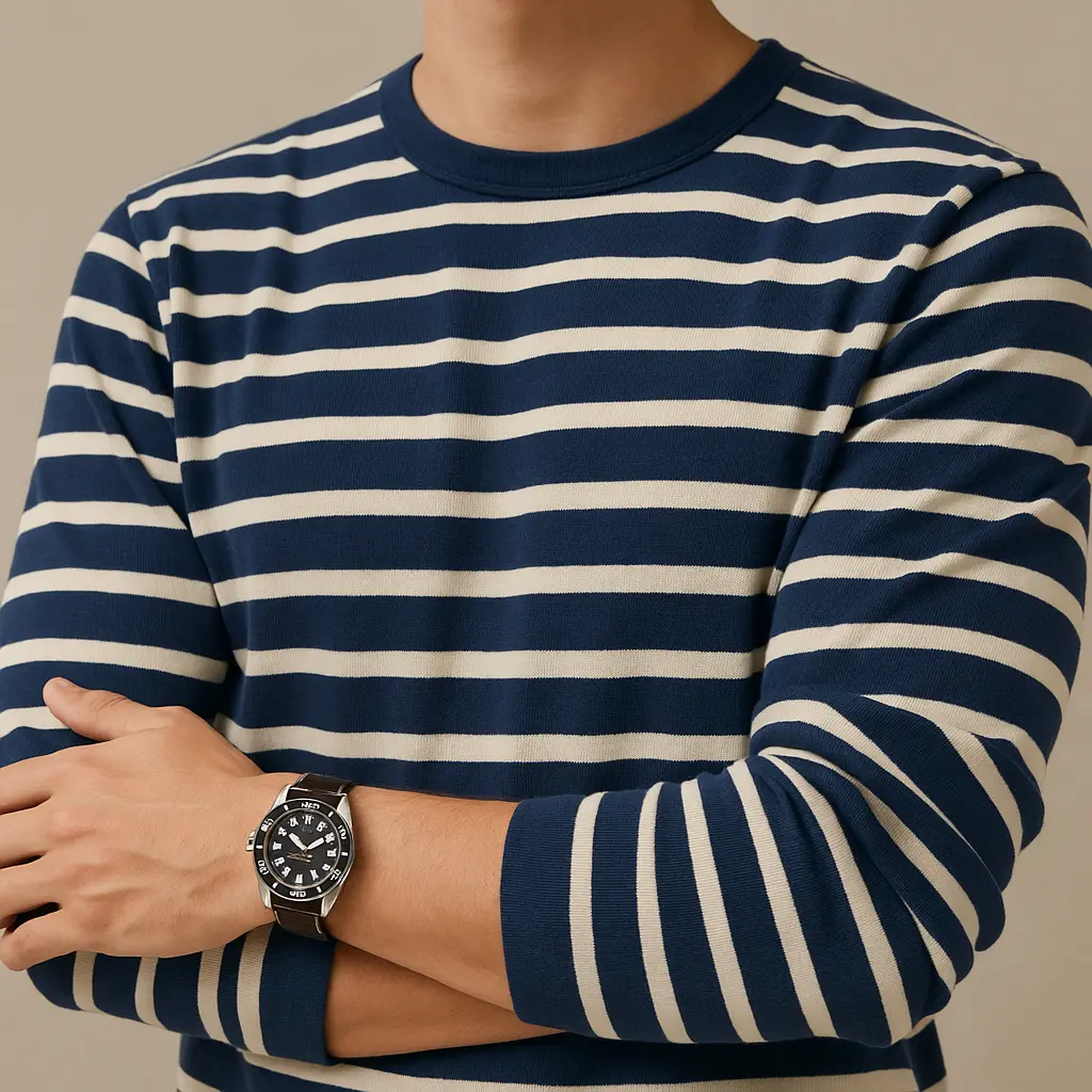 Man in a navy striped casual shirt wearing a stainless steel dive watch, demonstrating the dive watch dress code for relaxed and everyday outfits.