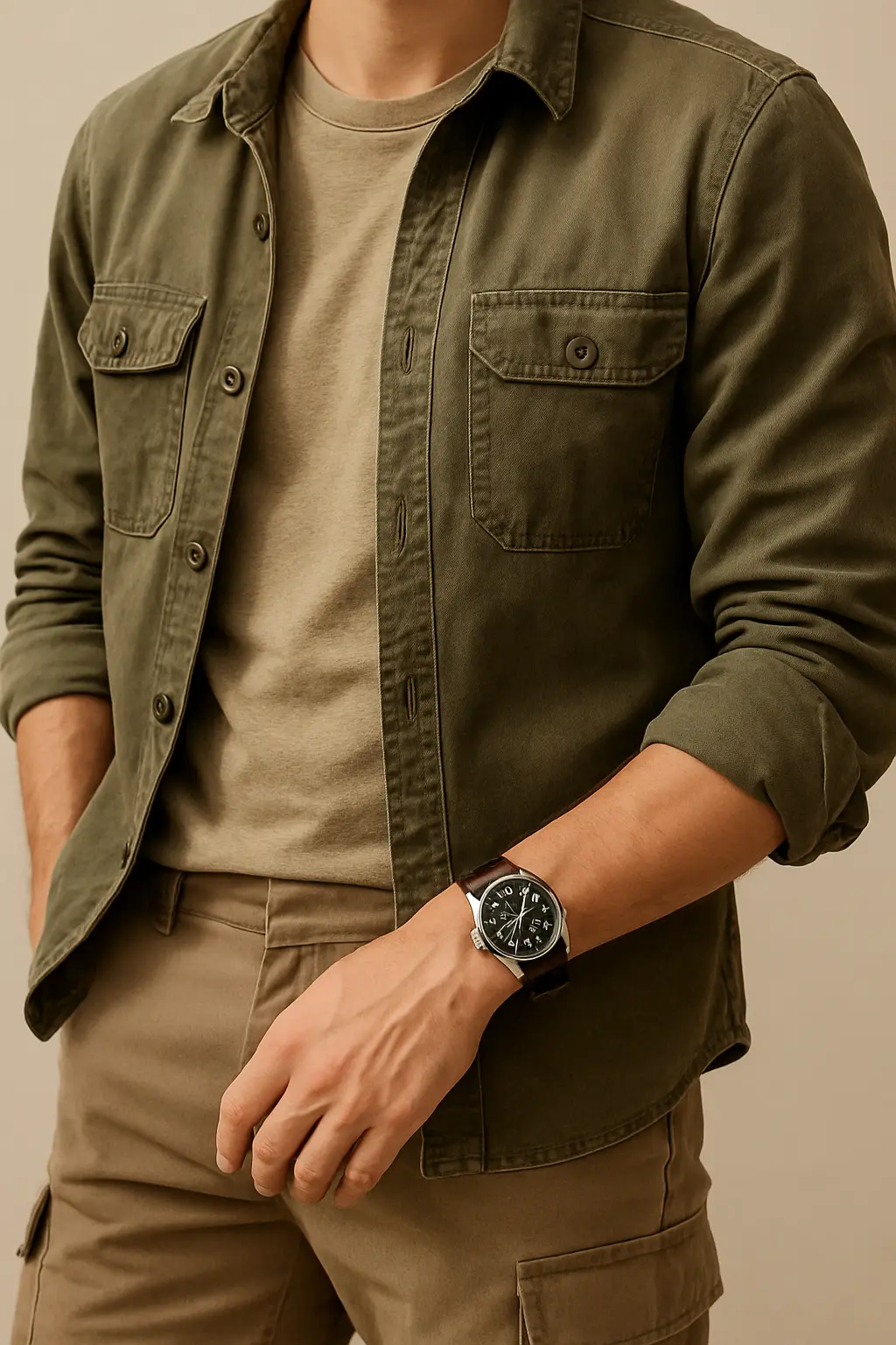 Man in rugged casual clothing with an olive overshirt and cargo pants, wearing a field watch to illustrate the field watch dress code for outdoor and utility-focused outfits.