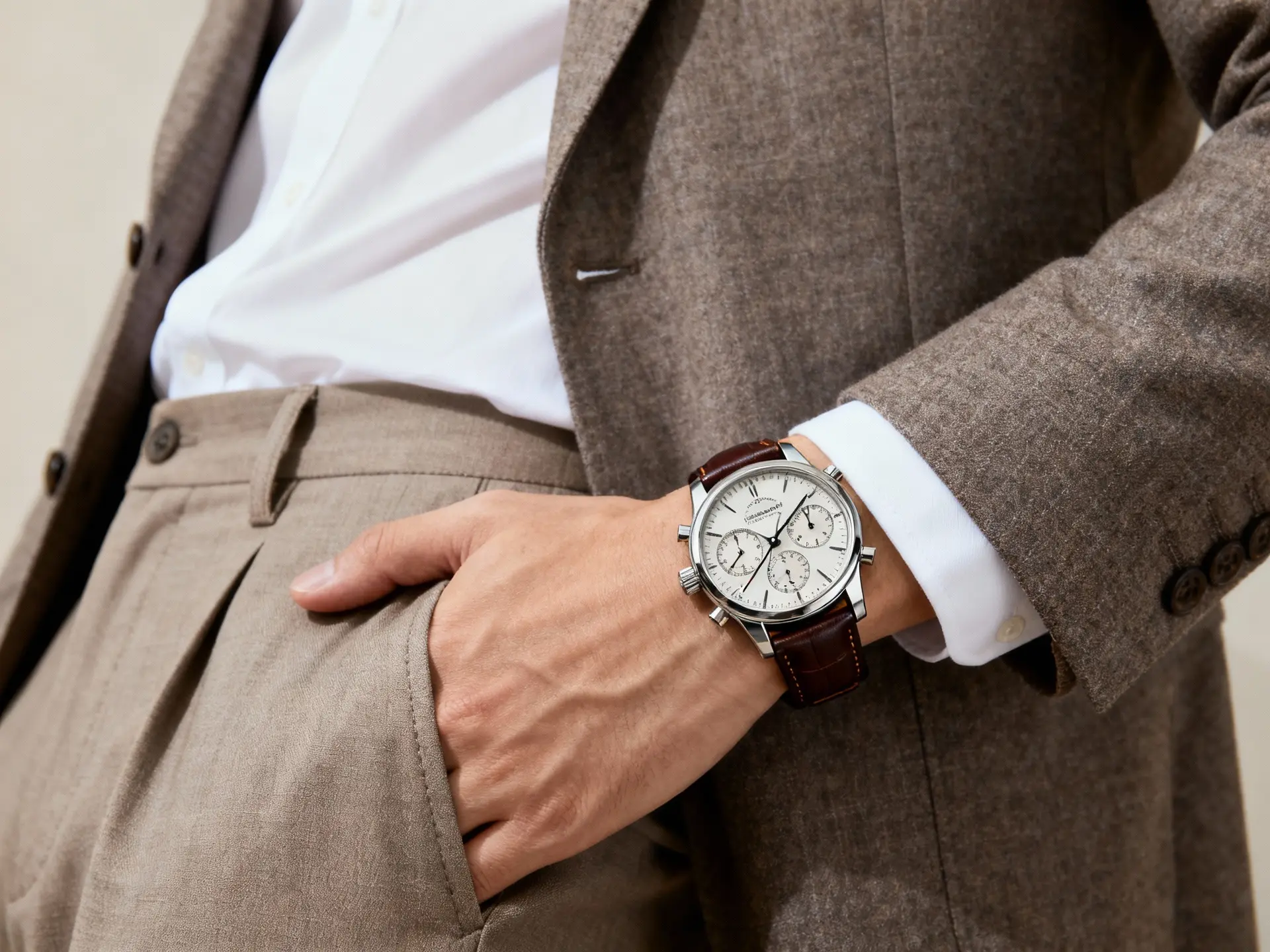 Man wearing smart casual clothing paired with a leather-strapped chronograph watch, showing how chronographs fit into a refined smart casual dress code.