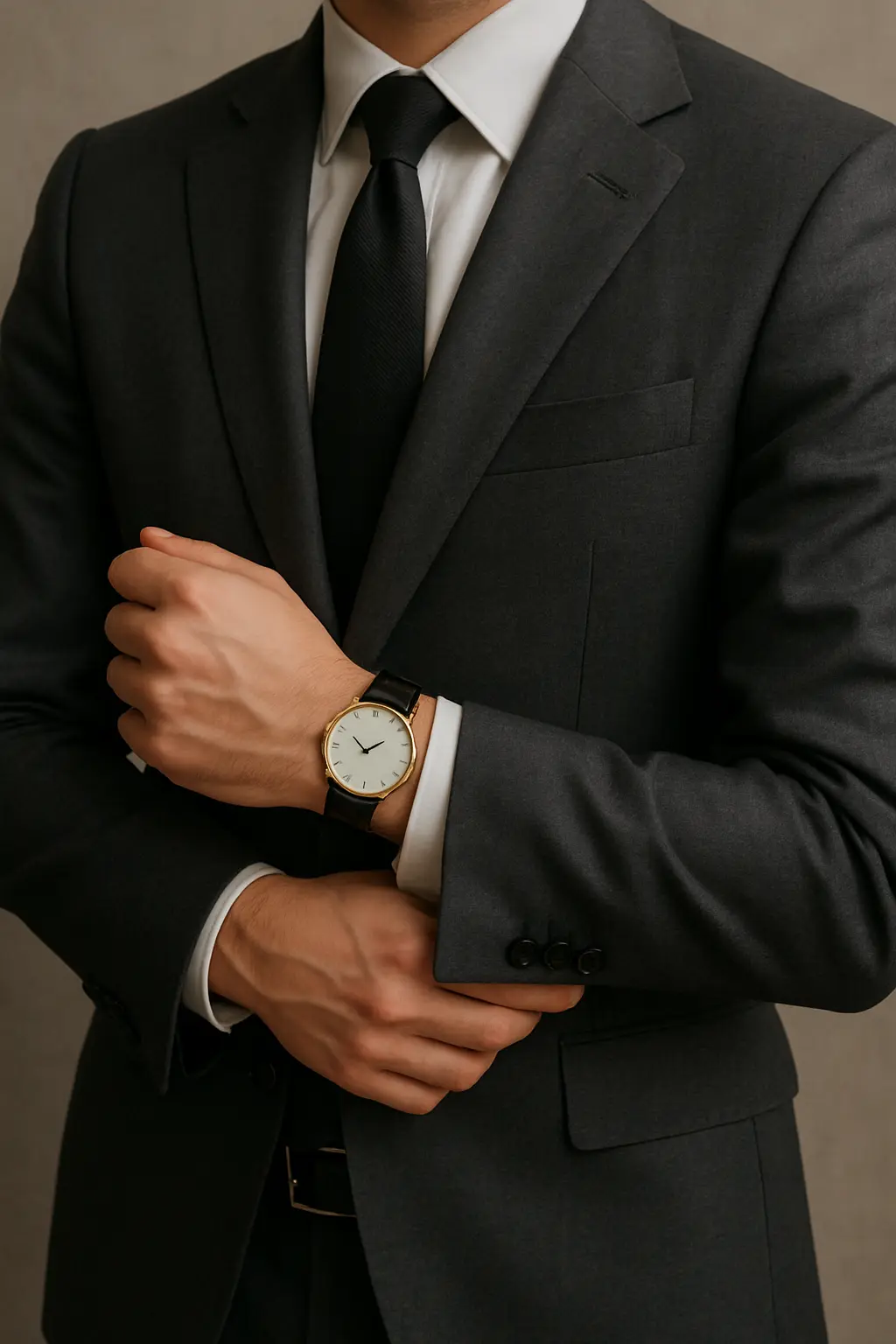 Man wearing a dark formal suit paired with a slim gold dress watch, illustrating one of the best watch styles to wear with a suit.