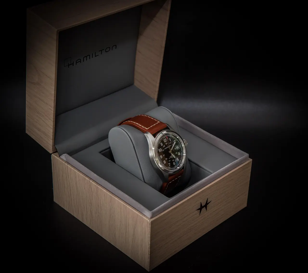 International automatic watch brands showcased with a Hamilton timepiece in a presentation box