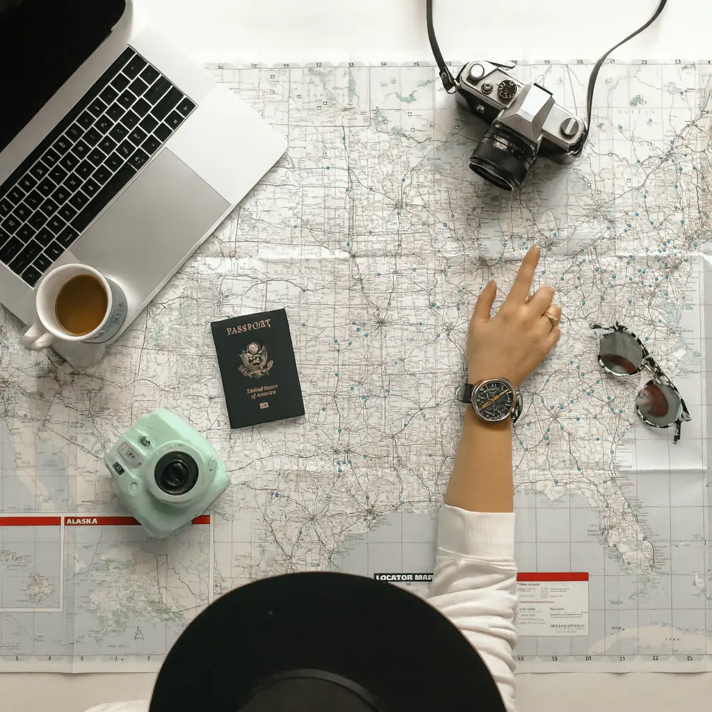 Person wearing an automatic wristwatch planning a trip with a map, camera, laptop, passport, and coffee on the table.