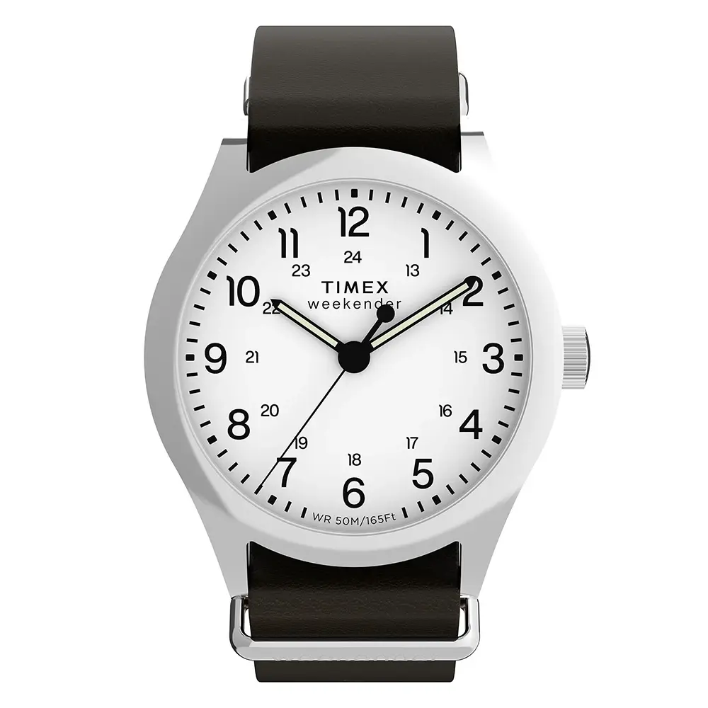 Timex Weekender watch with white dial and black leather strap