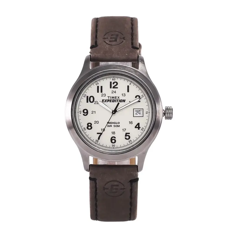 Timex Expedition field watch with white dial and brown leather strap