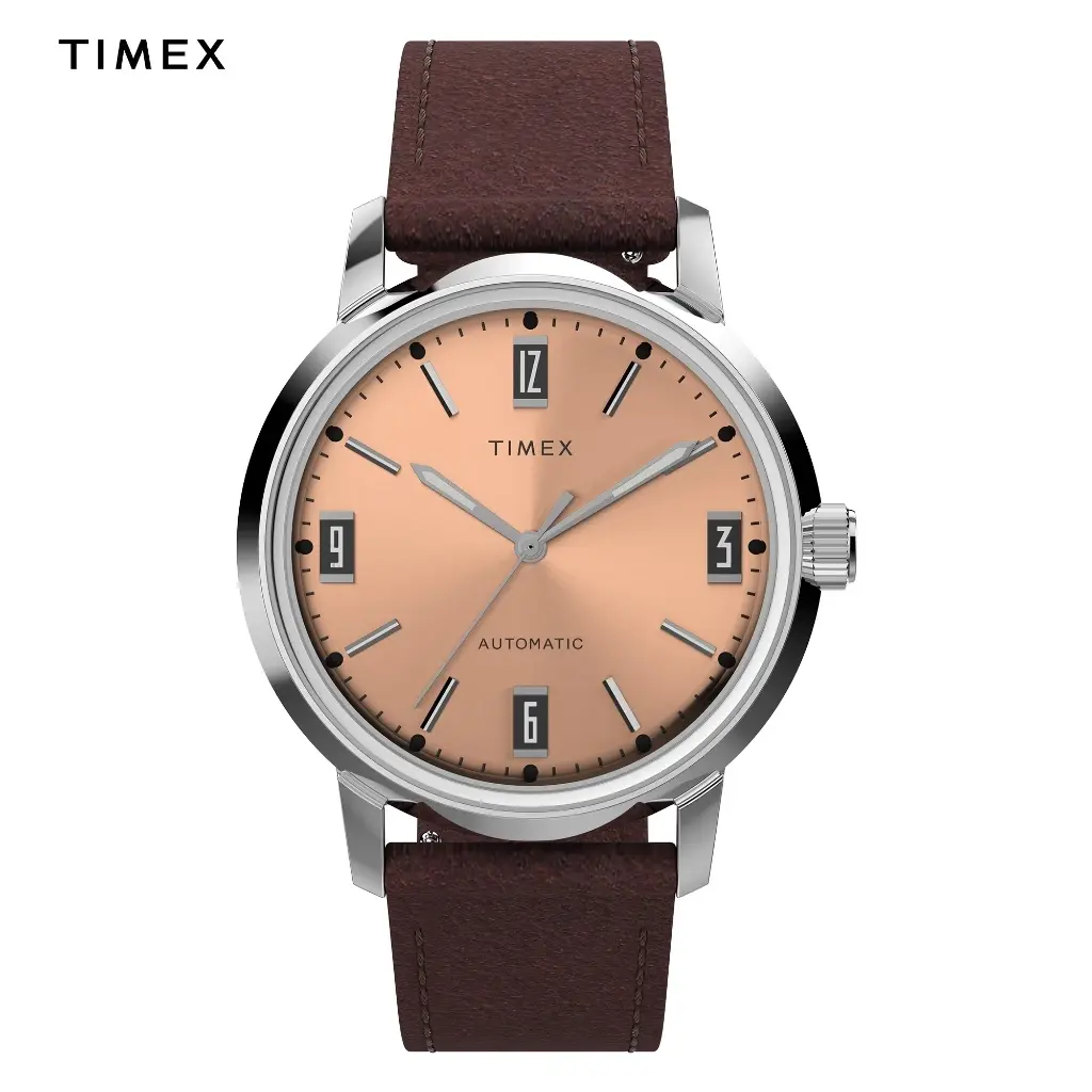 Timex Marlin Automatic watch with salmon dial and brown leather strap