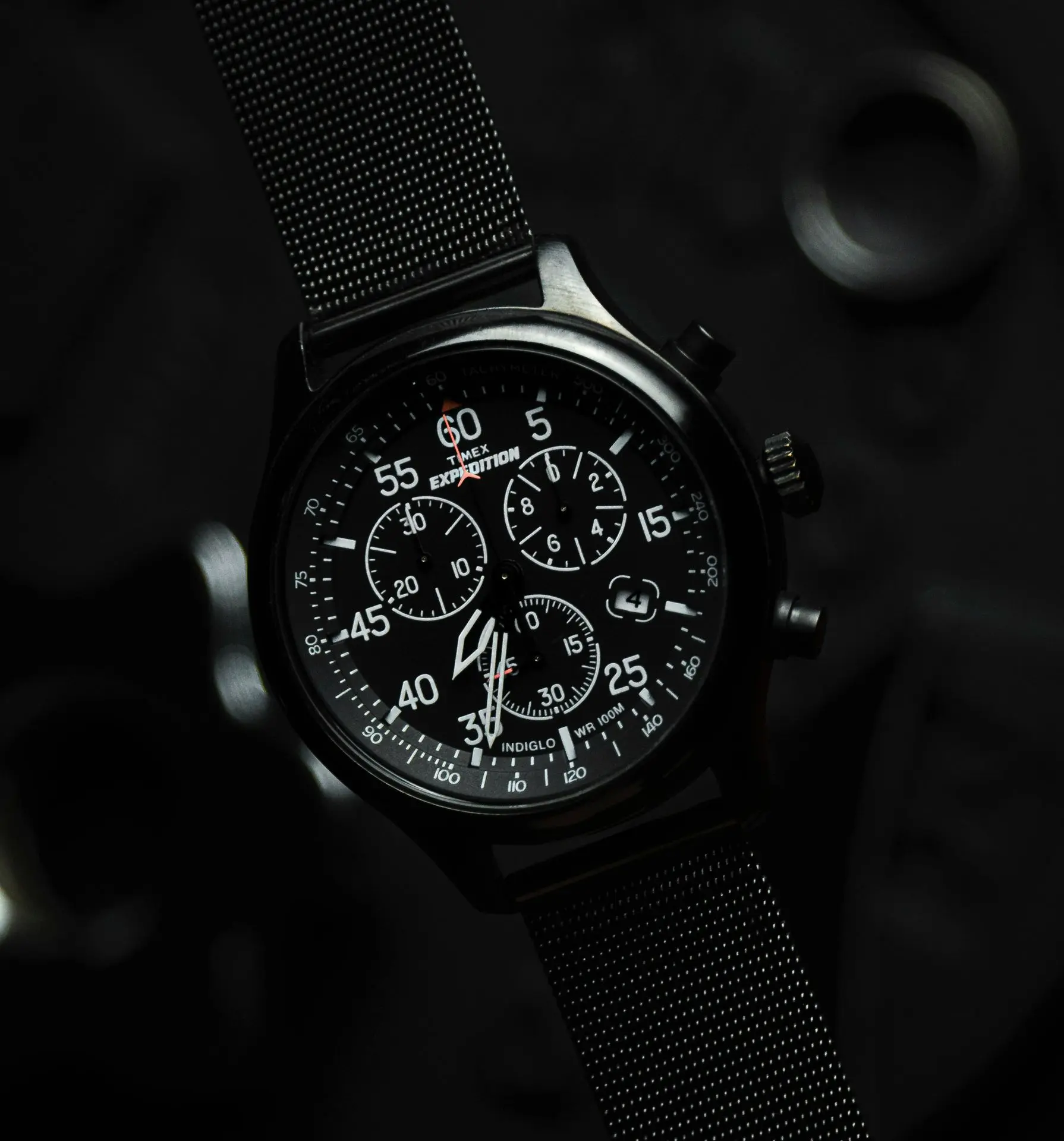 Timex Expedition chronograph watch with black dial and mesh strap