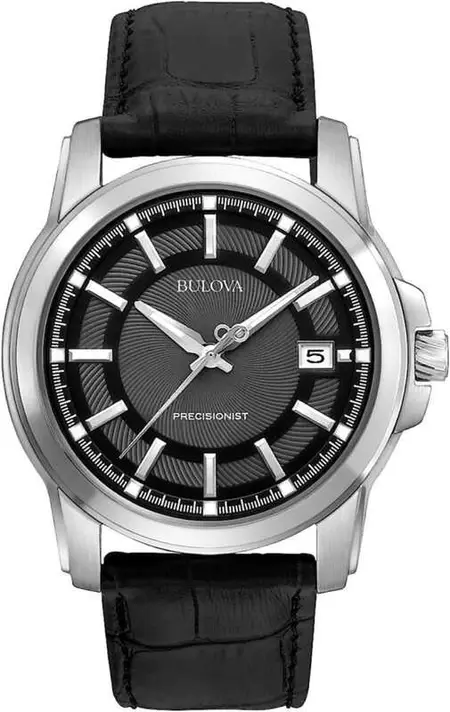 Bulova Precisionist watch with black textured dial, date window, and black leather strap.