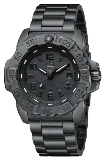 Luminox Navy SEAL Steel dive watch with black stainless steel case, rotating bezel, and metal bracelet