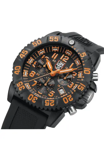 Luminox chronograph dive watch with black case, orange accents, rotating bezel, and rubber strap