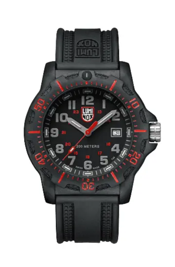 Luminox dive watch with black case, red accents, rotating bezel, and rubber strap