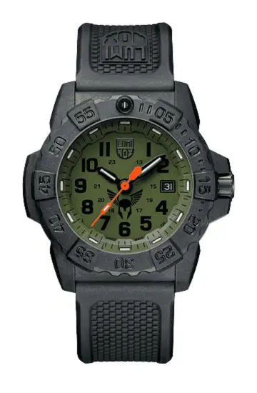 Luminox military dive watch with green dial, black case, rotating bezel, and rubber strap