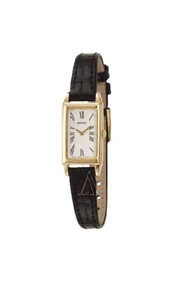 Seiko rectangular gold case watch with black leather strap and Roman numeral dial