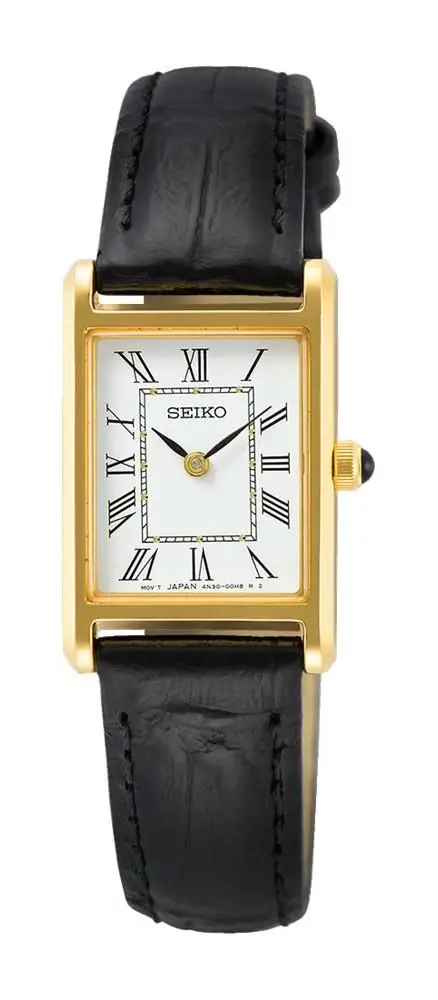 Seiko rectangular gold watch with white dial Roman numerals and black leather strap
