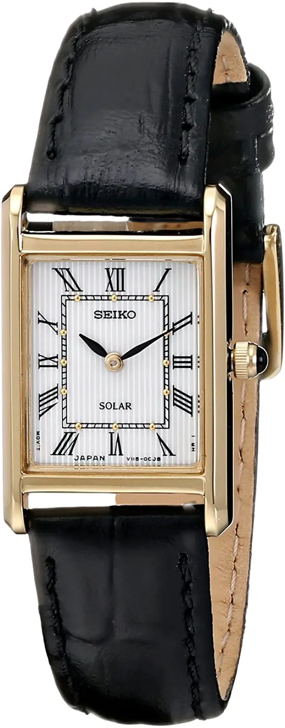 Seiko tank style watch with Roman numerals gold rectangular case and black leather strap