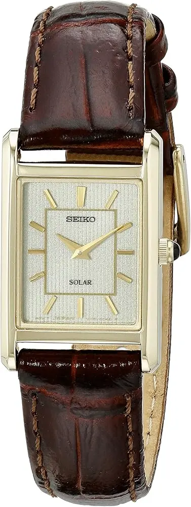 Seiko solar rectangular watch with gold case and brown leather strap