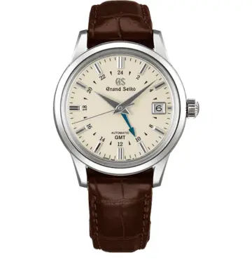 39.5mm Grand Seiko SBGM221 with cream dial, blue GMT hand, and brown leather strap
