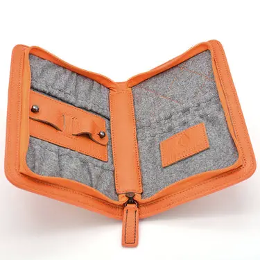 Multi-Function Watch Travel Case Wallet with Shock Protection for Travel and Adventure Orange zippered watch travel case wallet with compartments for watches, cards, and travel essentials
