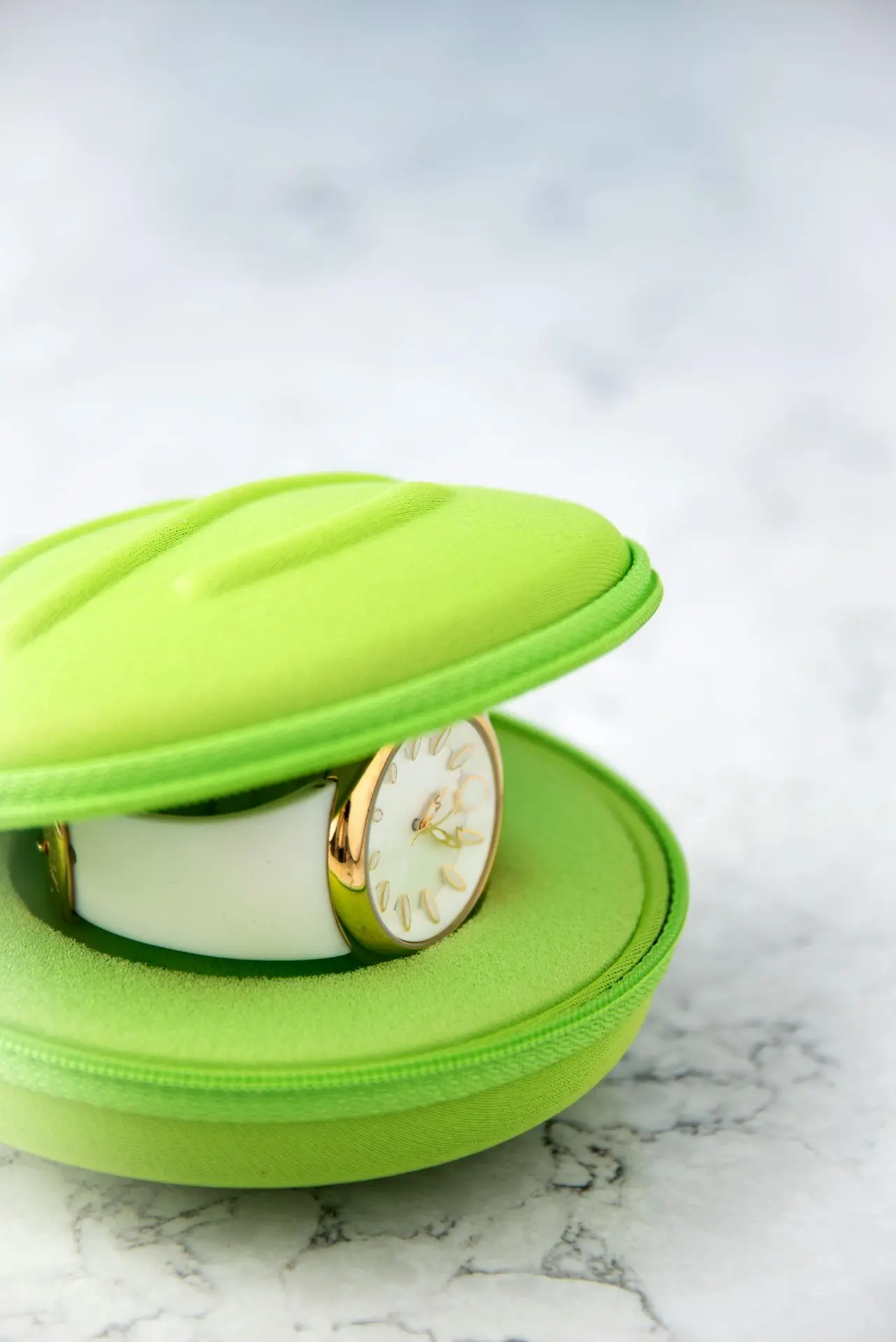 Hard Shell Watch Travel Case for Maximum Protection and Compact Travel Storage Compact donut-shaped watch travel case with hard shell protection holding a single wristwatch