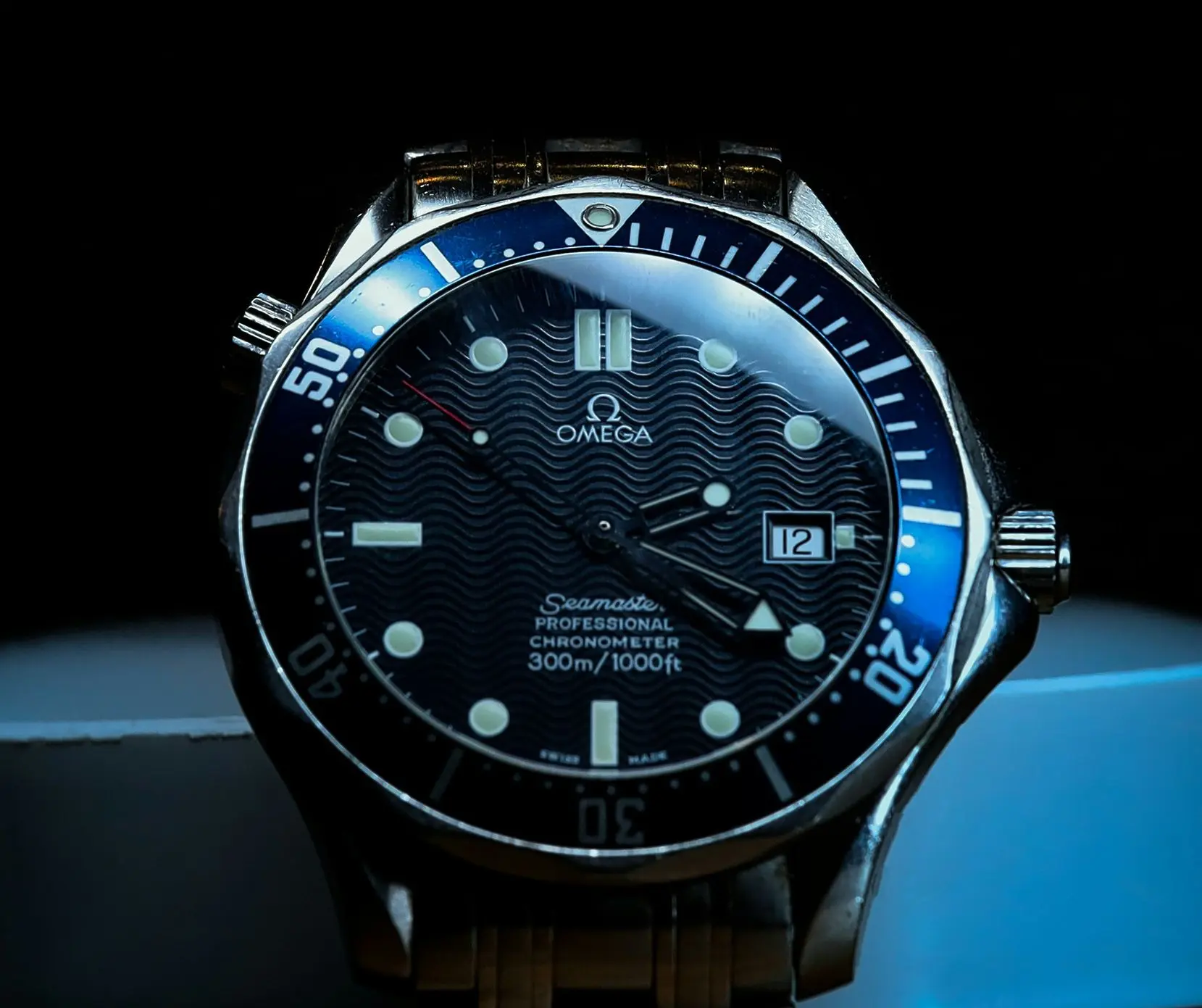 Omega Seamaster Professional 300M Diver Watch with Blue Wave Dial Omega Seamaster Professional 300M dive watch with blue wave dial and stainless steel bracelet