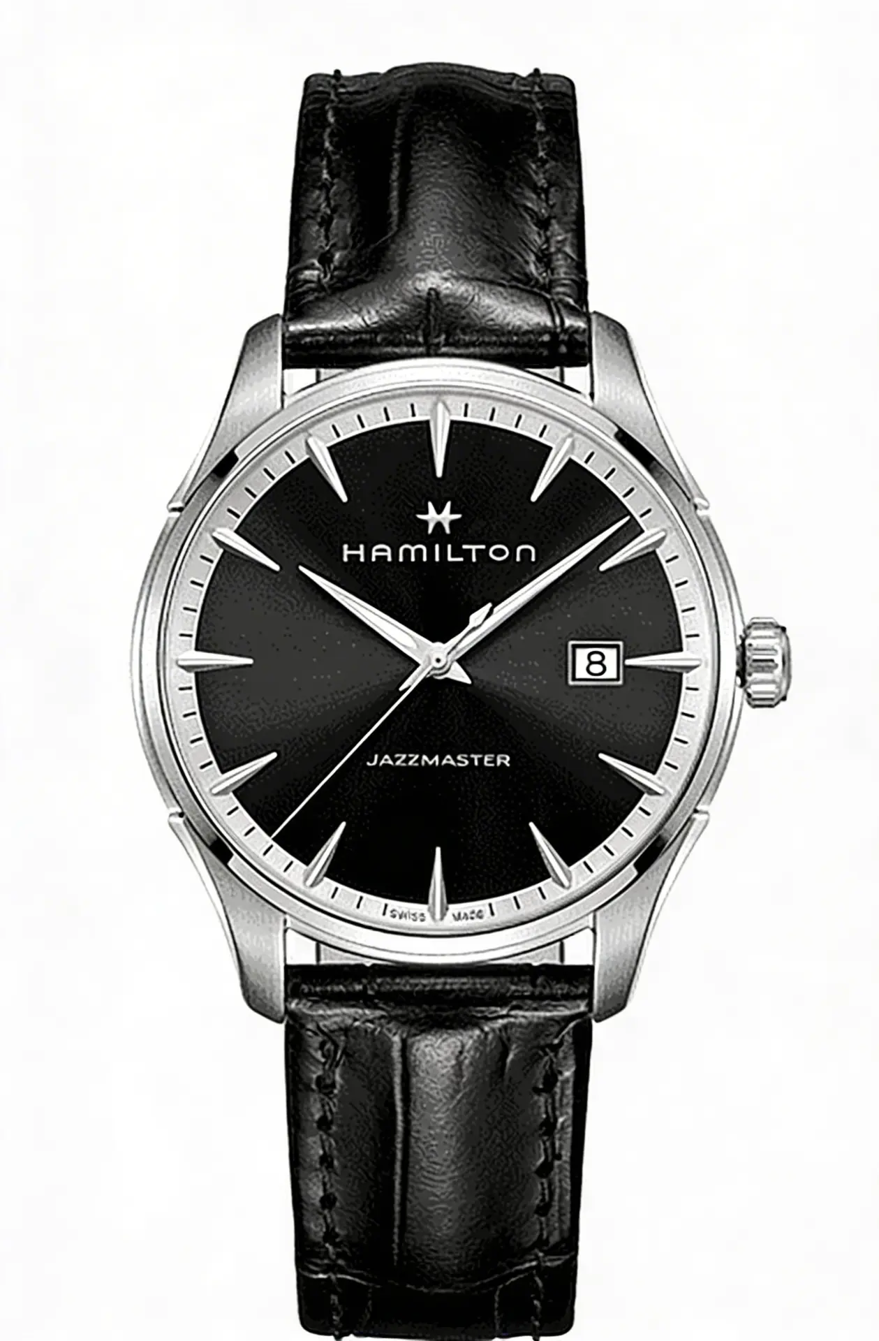 Hamilton Jazzmaster black dial watch with leather strap and date display