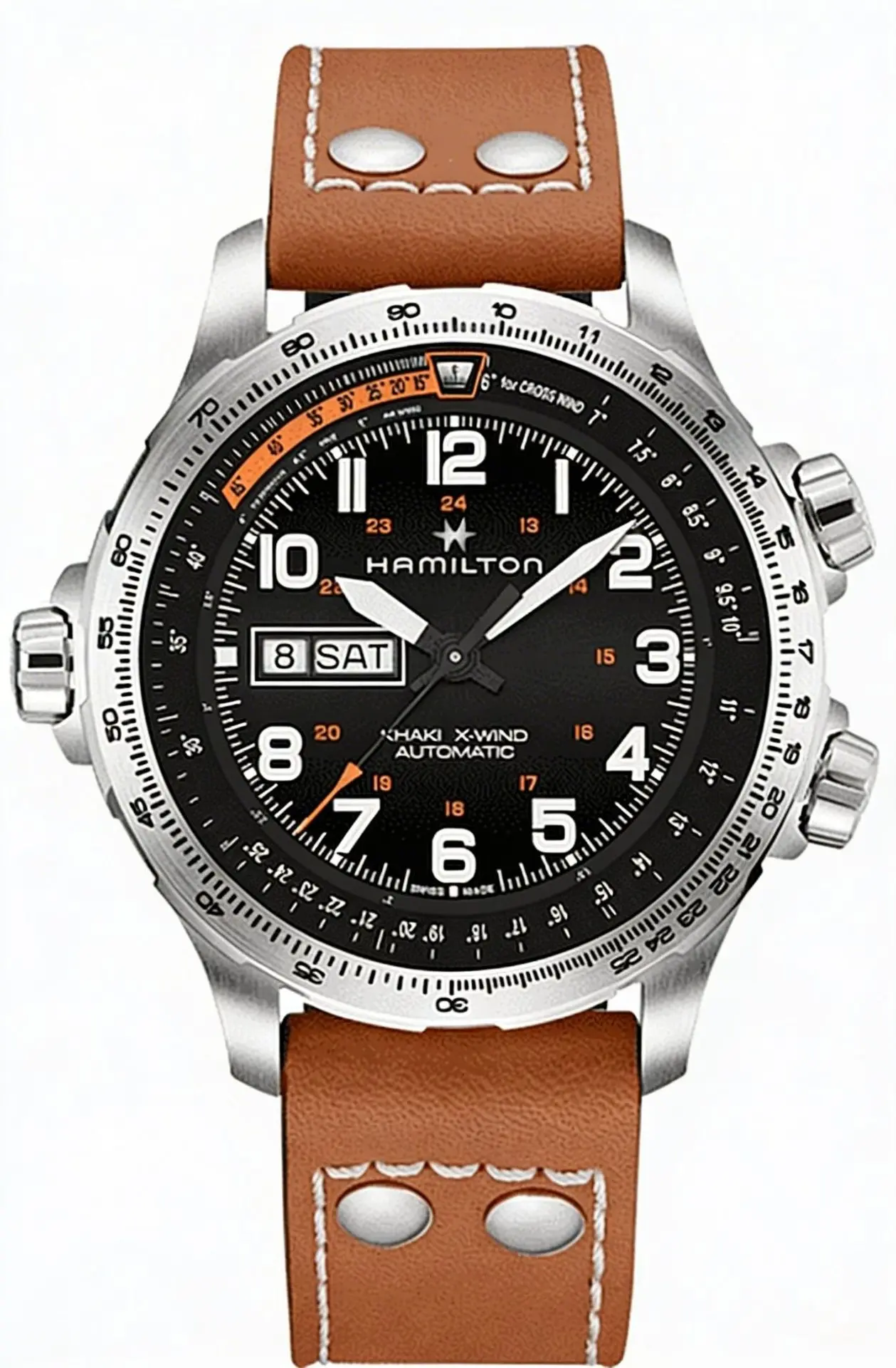 Hamilton Khaki X-Wind day date aviation watch with multiple crowns and leather strap