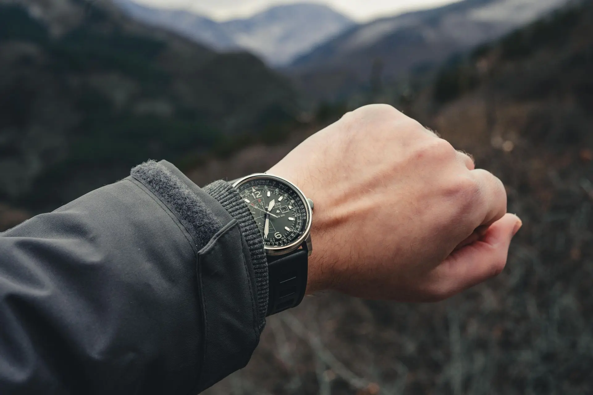 Pilot style GMT watch on wrist