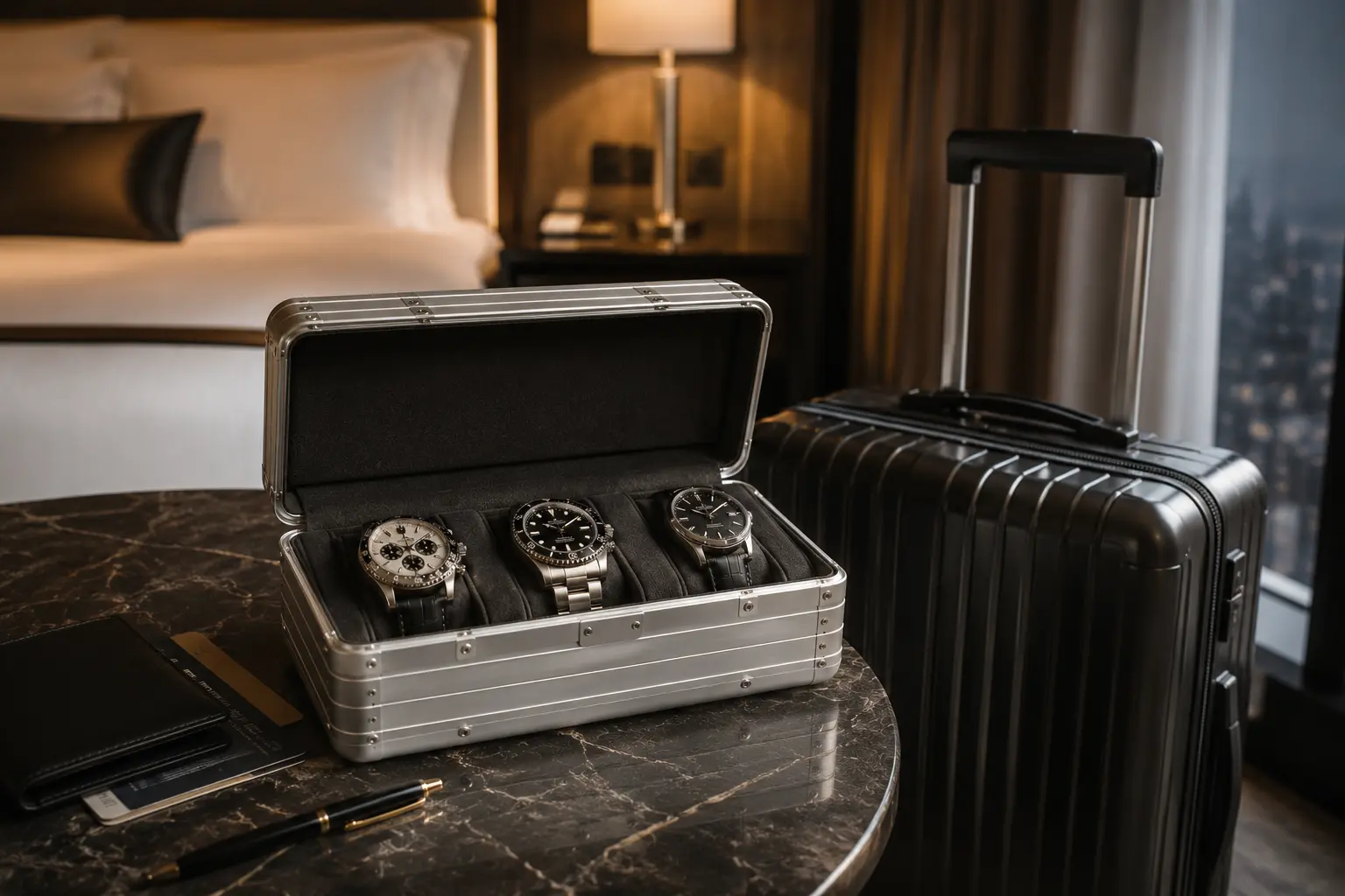 Luxury Rimowa-inspired aluminum watch case beside modern luggage in a premium hotel setting