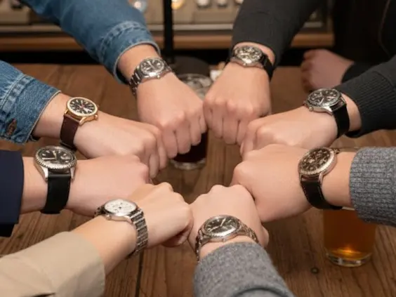 Automatic watches on wrists of people at a mechanical watch meet-up
