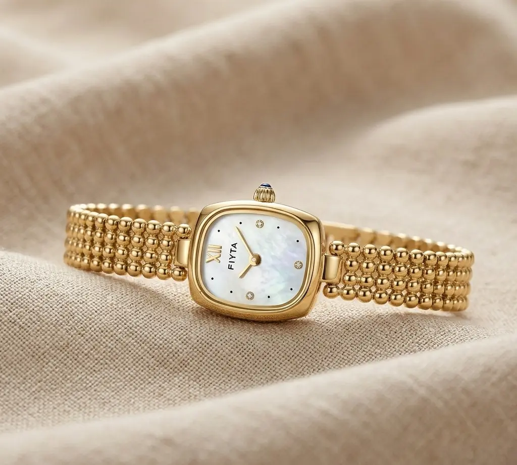 FIYTA Chinese Watch Brand FIYTA women's watch with gold bracelet and mother-of-pearl dial