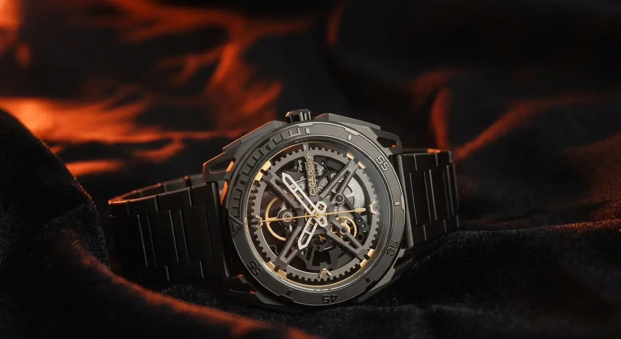 CIGA Design Chinese Watch Brand CIGA Design Chinese automatic skeleton watch with black metal bracelet