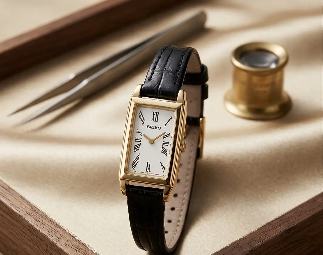 Seiko Tank-Inspired Watch With Timeless Elegant Design Seiko tank-style dress watch displayed with watchmaking tools and leather strap
