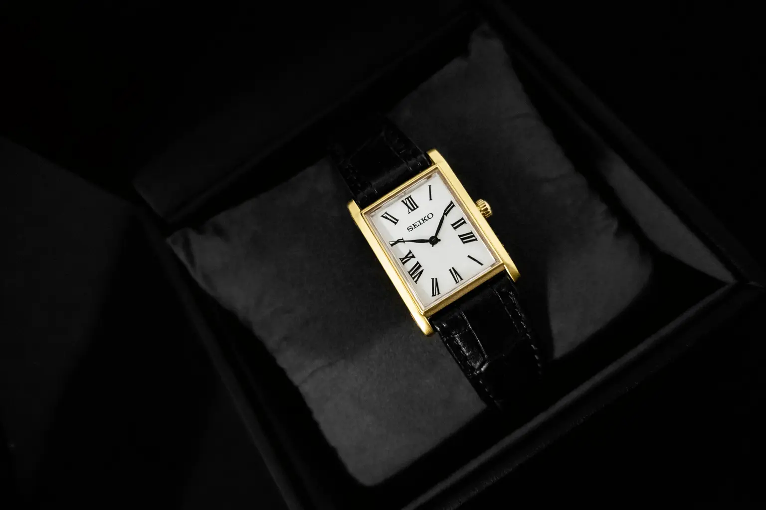Seiko Tank-Inspired Watch for Everyday Elegance Seiko tank-style dress watch with Roman numeral dial and black leather strap