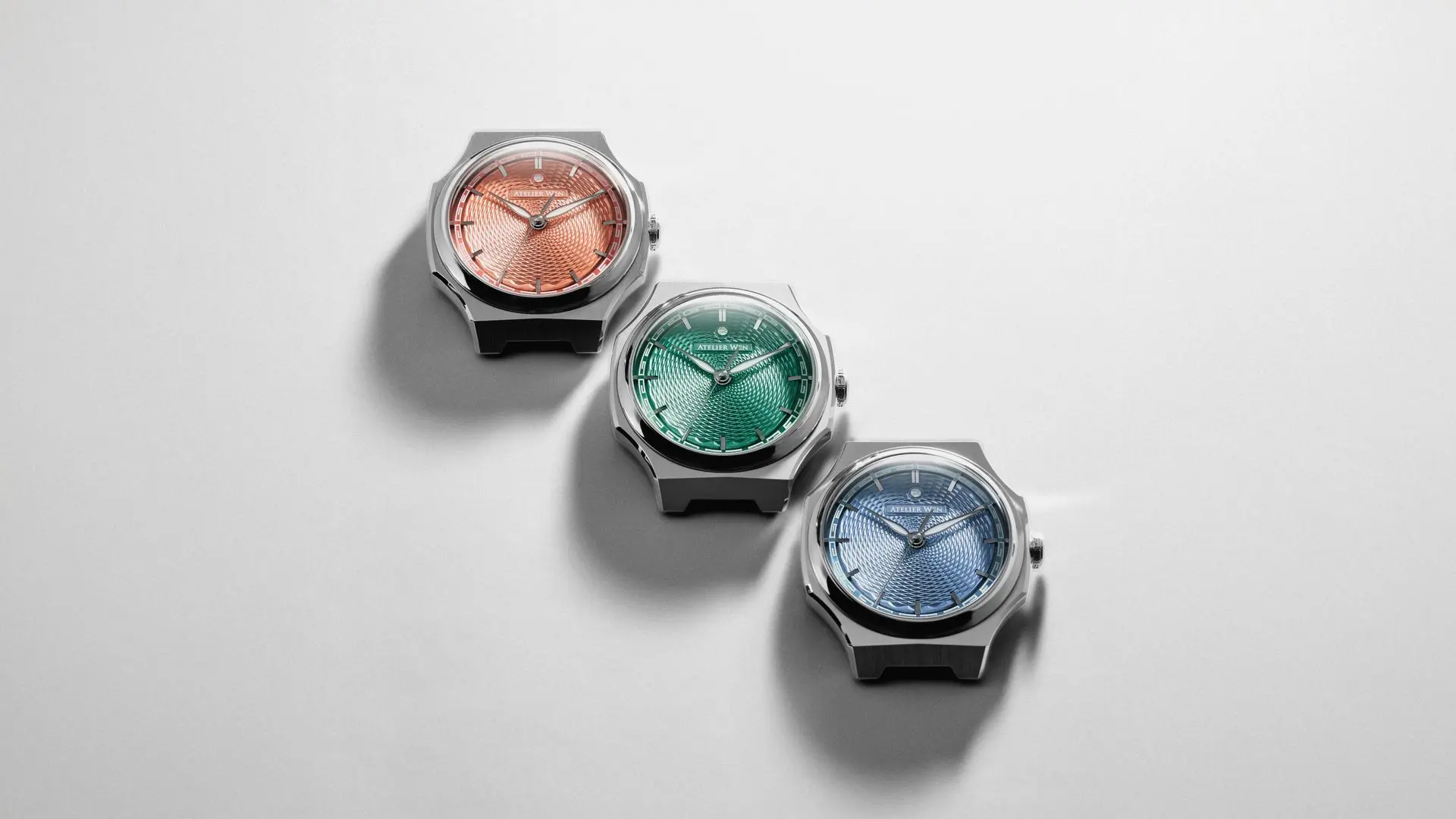 Atelier Wen Perception V3 Collection Overview Atelier Wen Perception V3 collection featuring Xiá salmon, Yún bamboo green, and Piāo ice blue hand-guilloché dials