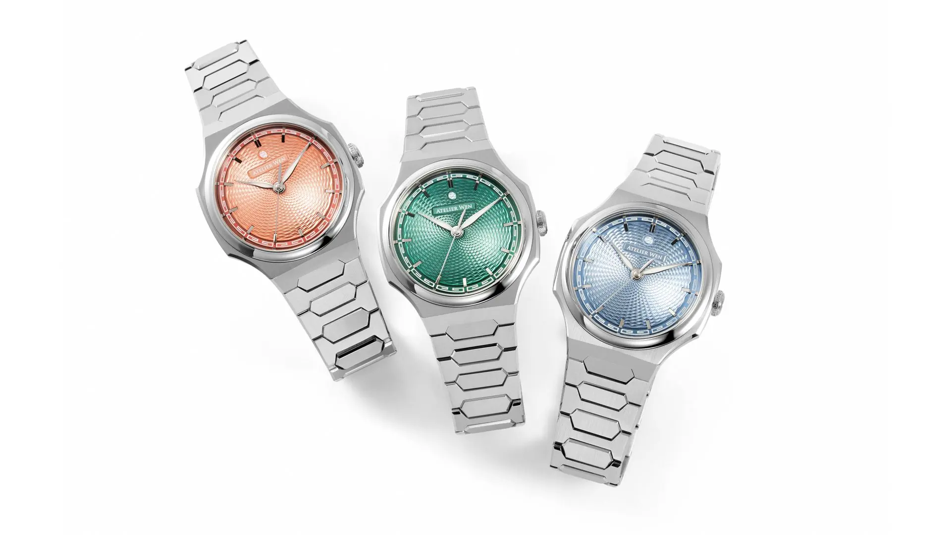 Atelier Wen Perception V3 Dial Variants Collection Atelier Wen Perception V3 collection featuring Xiá salmon, Yún bamboo green, and Piāo ice blue dial variants