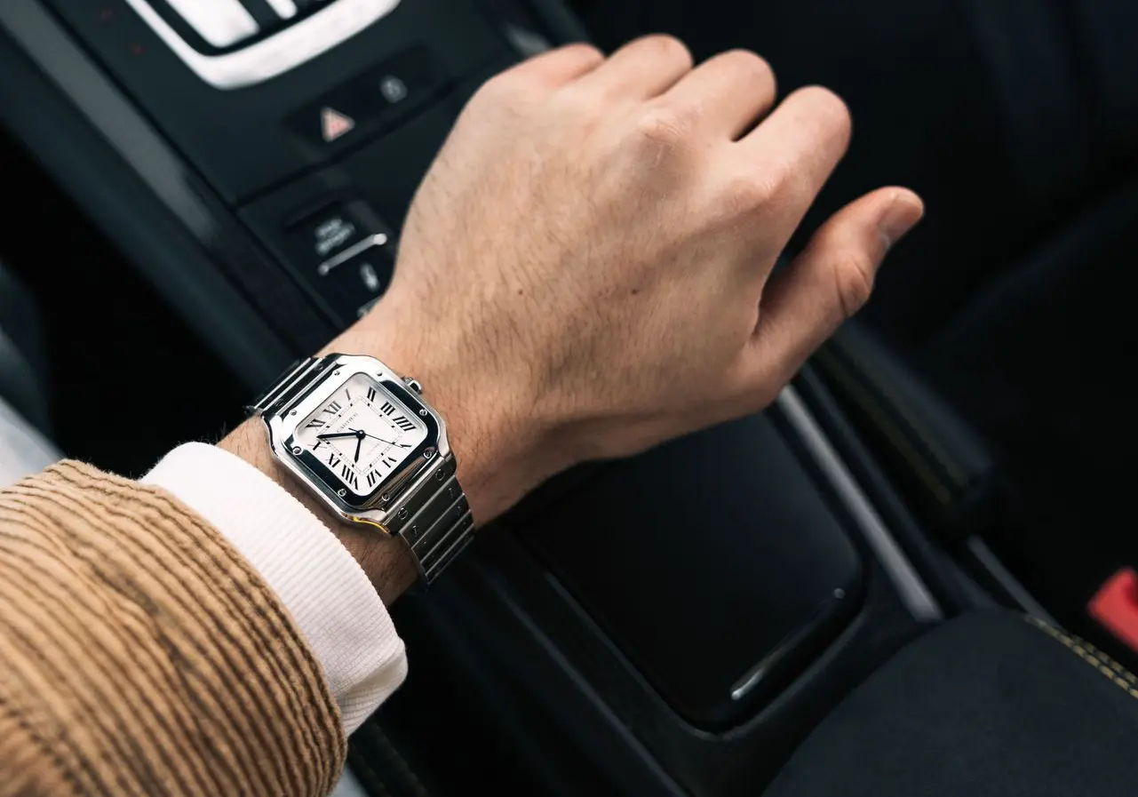 Cartier Santos Aviation Watch Inspired by Early Pilots Cartier Santos aviation watch worn while driving a car