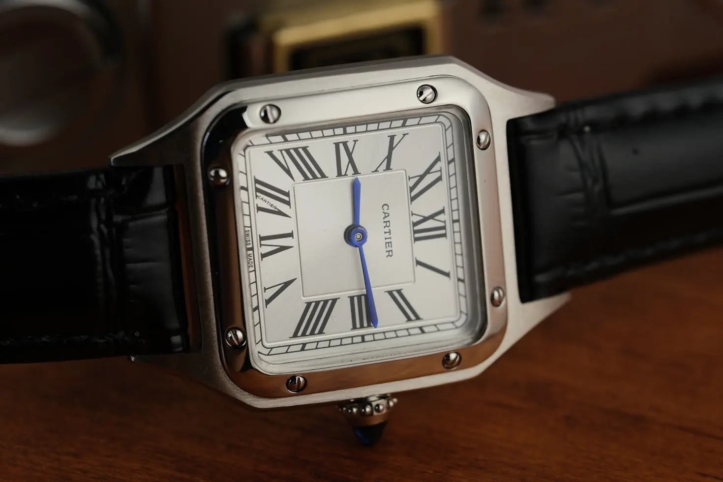 Cartier Santos aviation watch with square case and Roman numeral dial