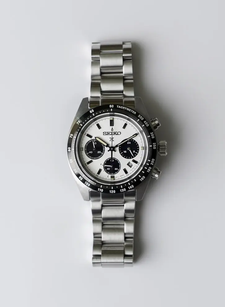 Seiko chronograph watch with three subdials and tachymeter scale