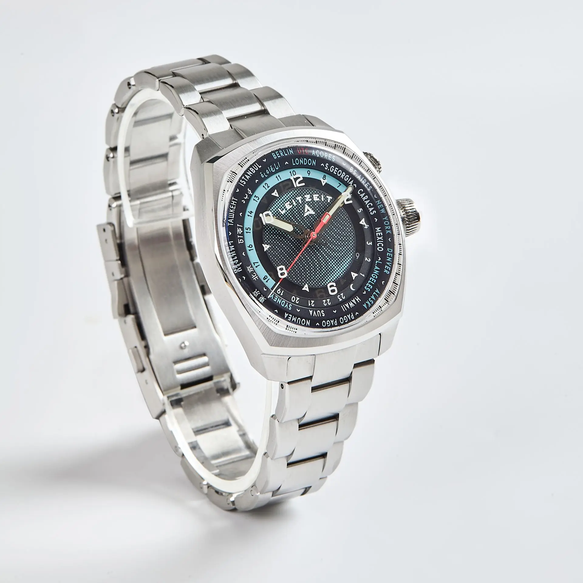 Axis Mundi Worldtimer watch with dark blue dial and stainless steel bracelet